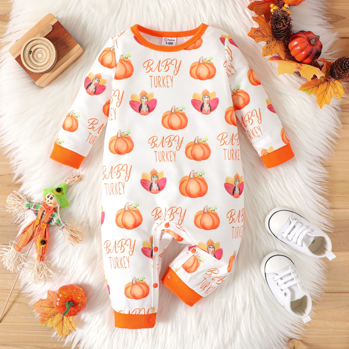 Thanksgiving Day Baby Boy/Girl Allover Pumpkin & Letter Print Long-sleeve Jumpsuit