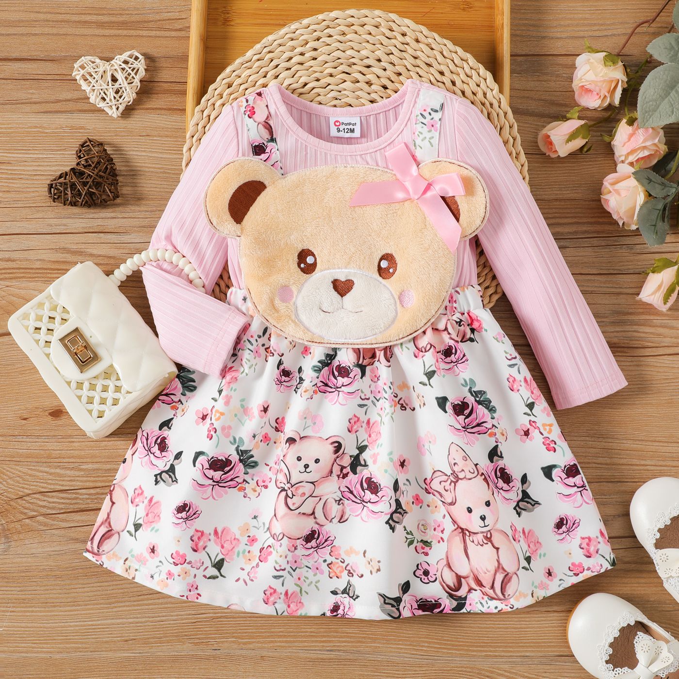 

Baby Girl Bear Design Pink Rib Knit Long-sleeve Faux-two Floral Print Dress