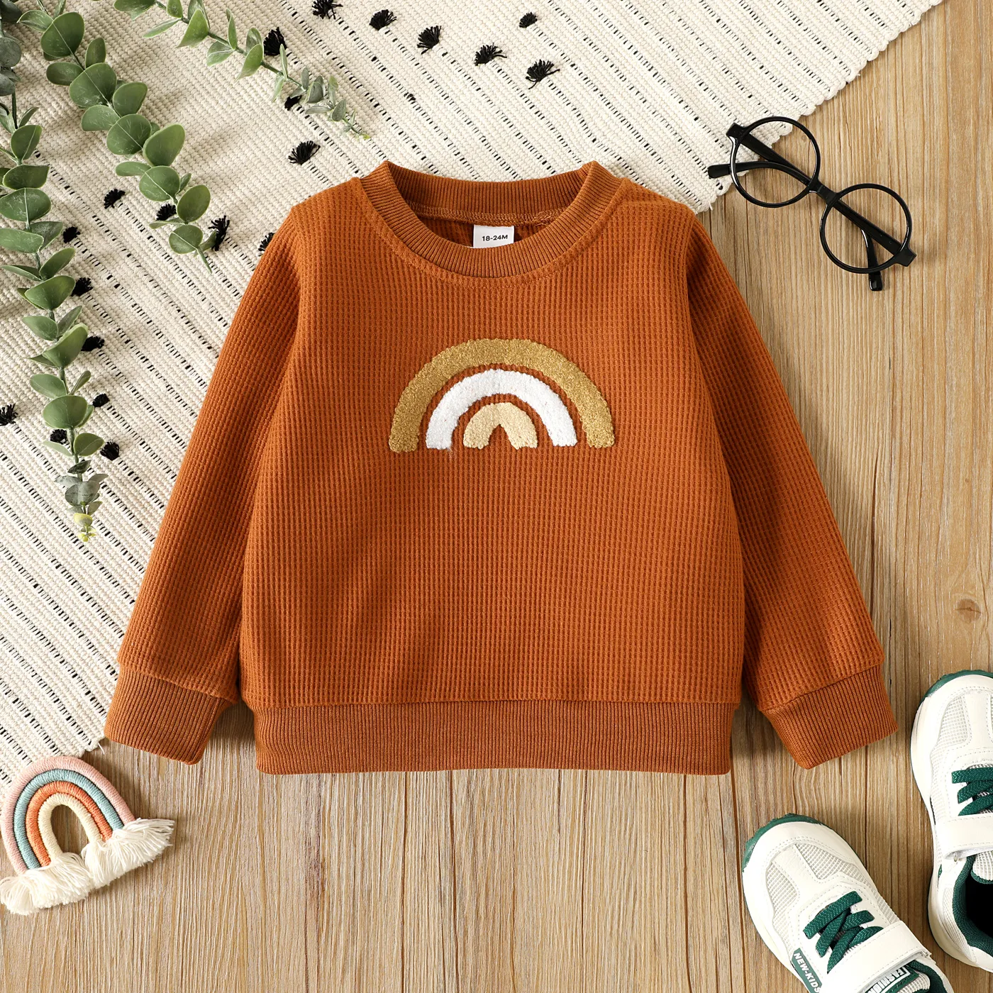 Toddler Girl/Boy Rainbow Embroidered Waffle Sweatshirt Brown