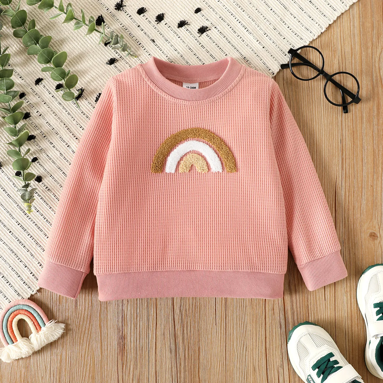 Toddler Girl/Boy Rainbow Embroidered Waffle Sweatshirt Pink big image 1