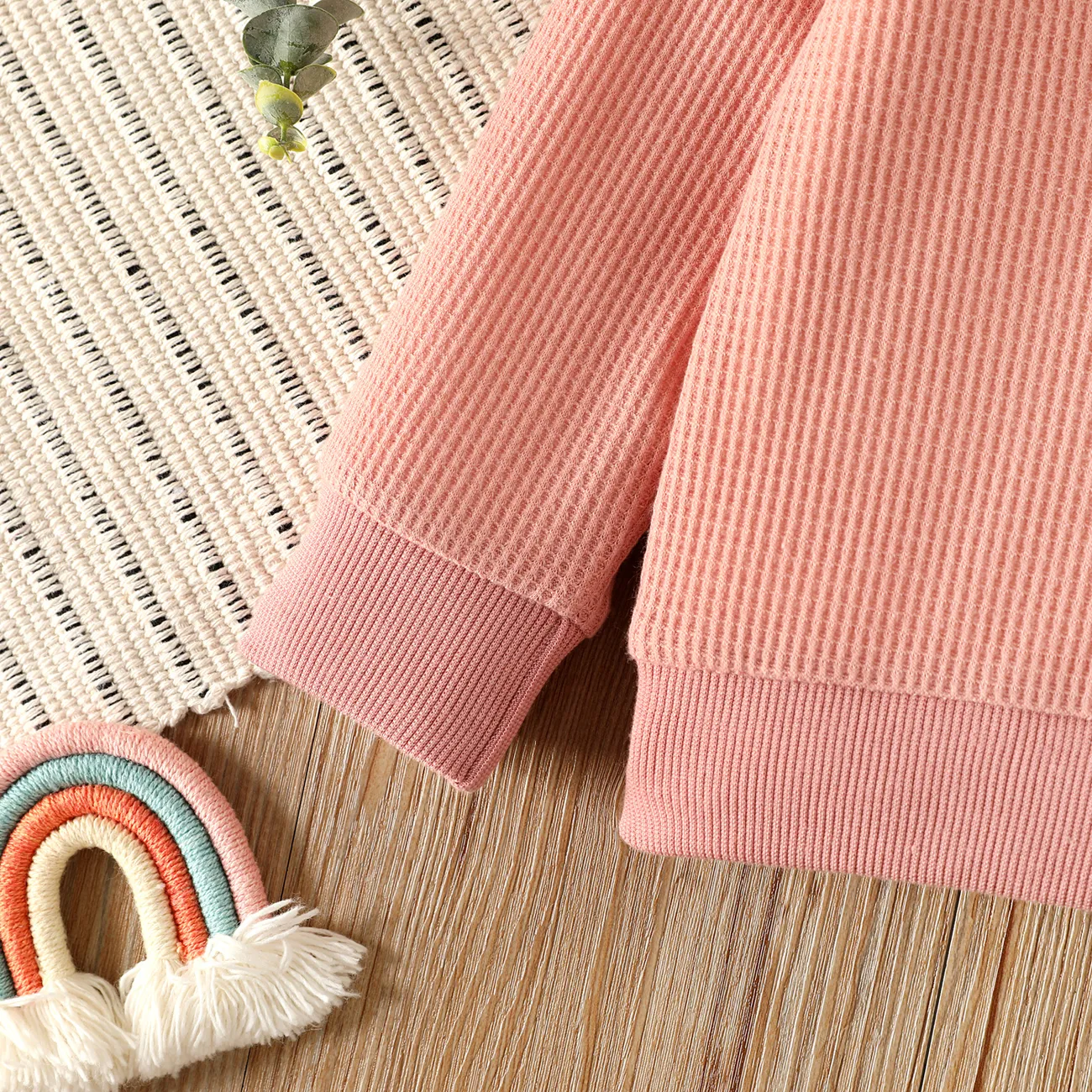 Toddler Girl/Boy Rainbow Embroidered Waffle Sweatshirt Pink big image 1