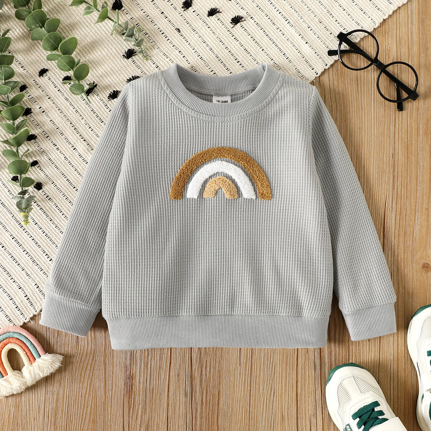 Toddler Girl/Boy Rainbow Embroidered Waffle Sweatshirt  big image 1