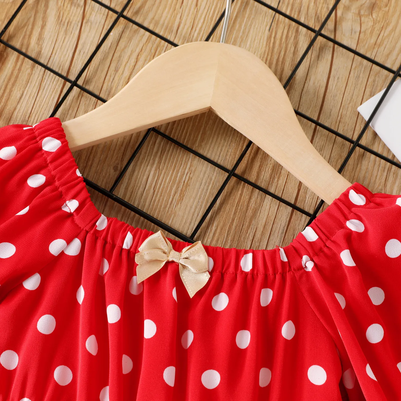 Toddler Girl Polka dots Floral Print Splice Bell sleeves Dress Red image 3