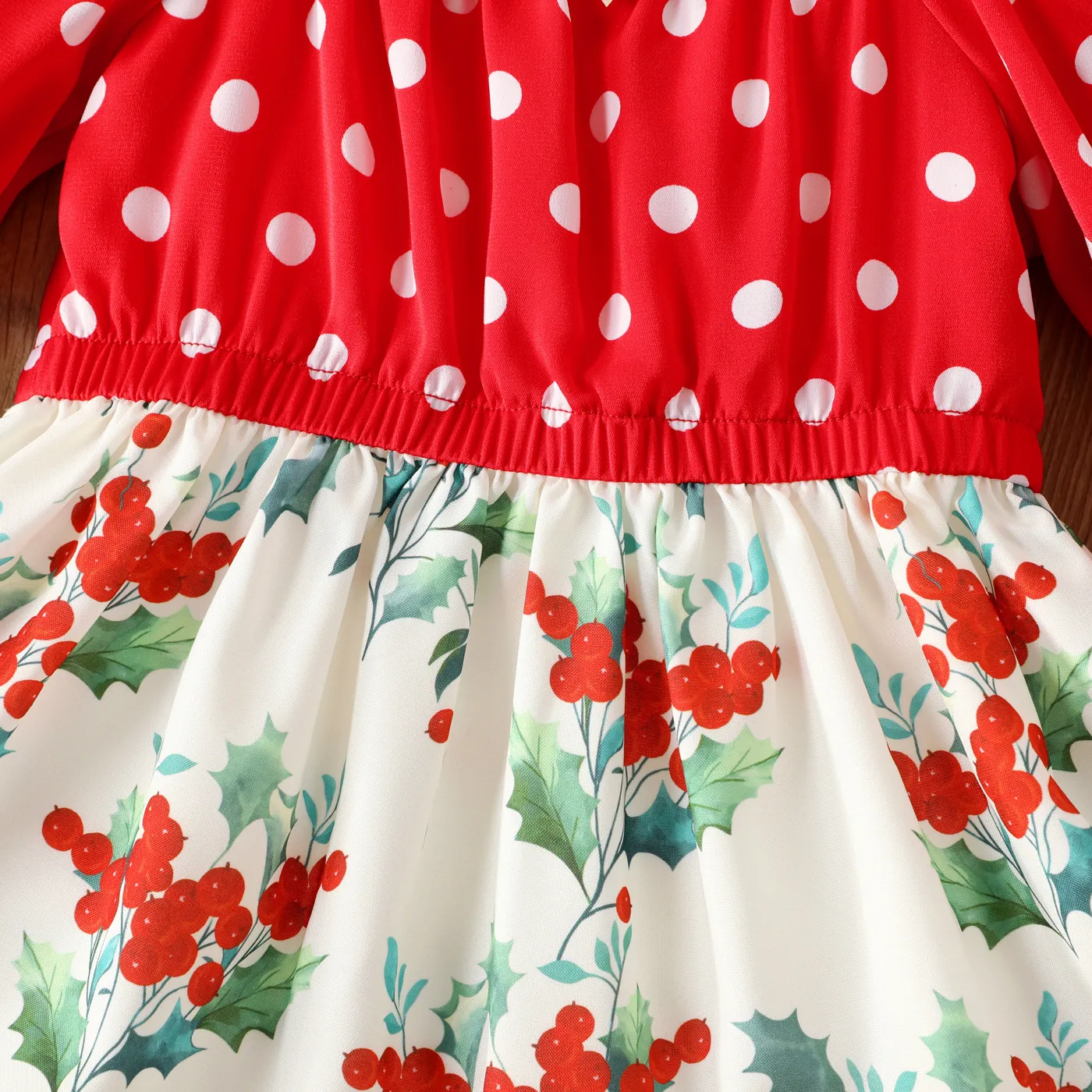 Toddler Girl Polka dots Floral Print Splice Bell sleeves Dress Red image 4