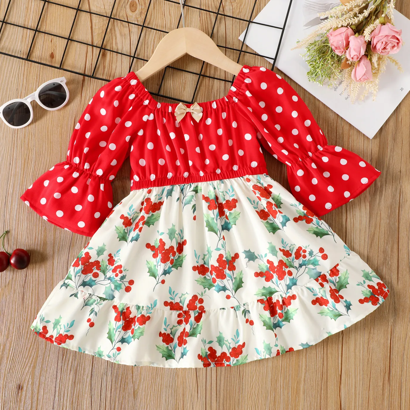 Toddler Girl Polka dots Floral Print Splice Bell sleeves Dress Red big image 1