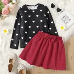 2pcs Kid Girl Heart Print Long-sleeve Tee and 3D Bowknot Design Skirt Set Black/White