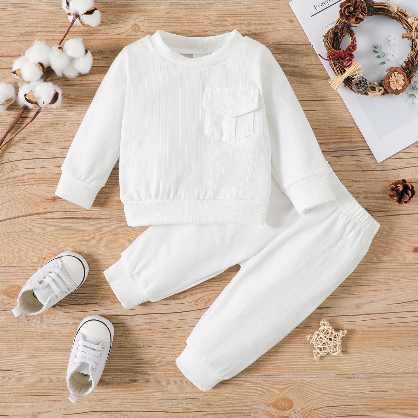 

2pcs Baby Boy/Girl Solid Rib Knit Long-sleeve Sweatshirt and Sweatpants Set