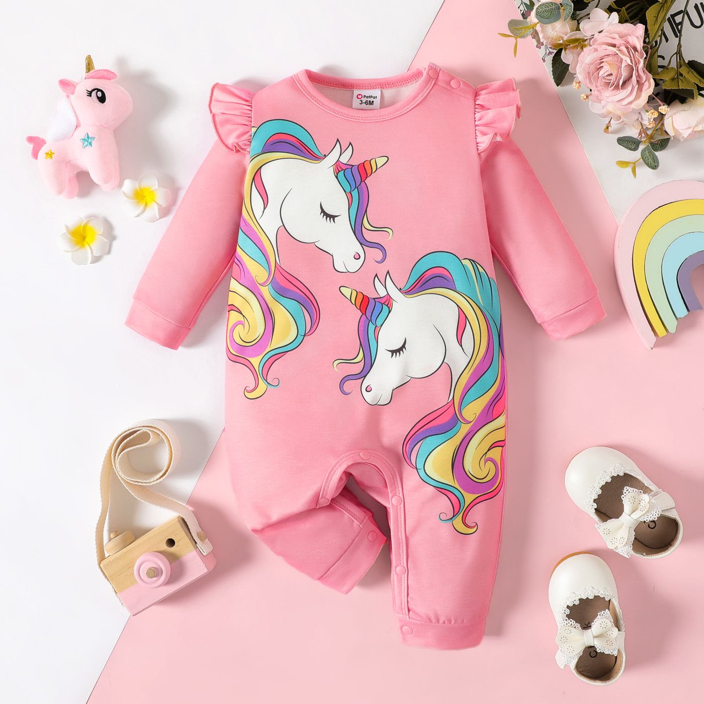 

Baby Girl Unicorn Print Pink Ruffle Trim Long-sleeve Jumpsuit