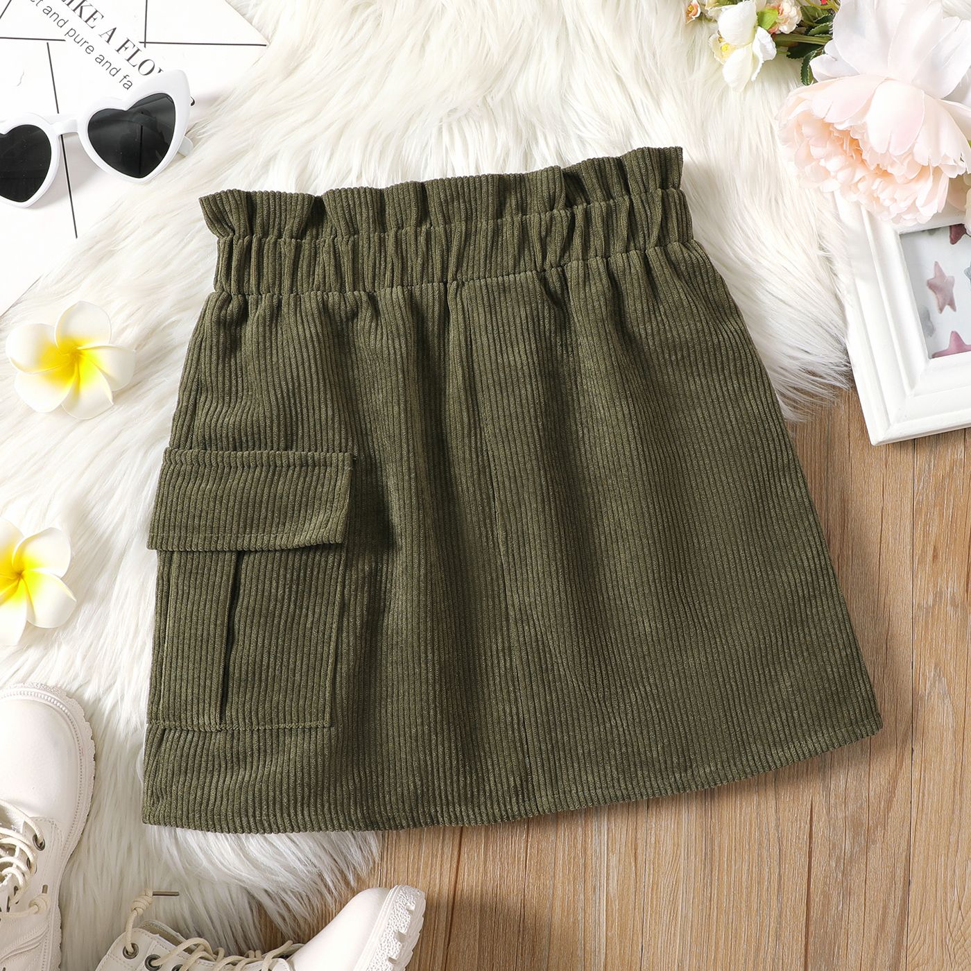 

Kid Girl Pocket Design Solid Color Paperbag Skirt