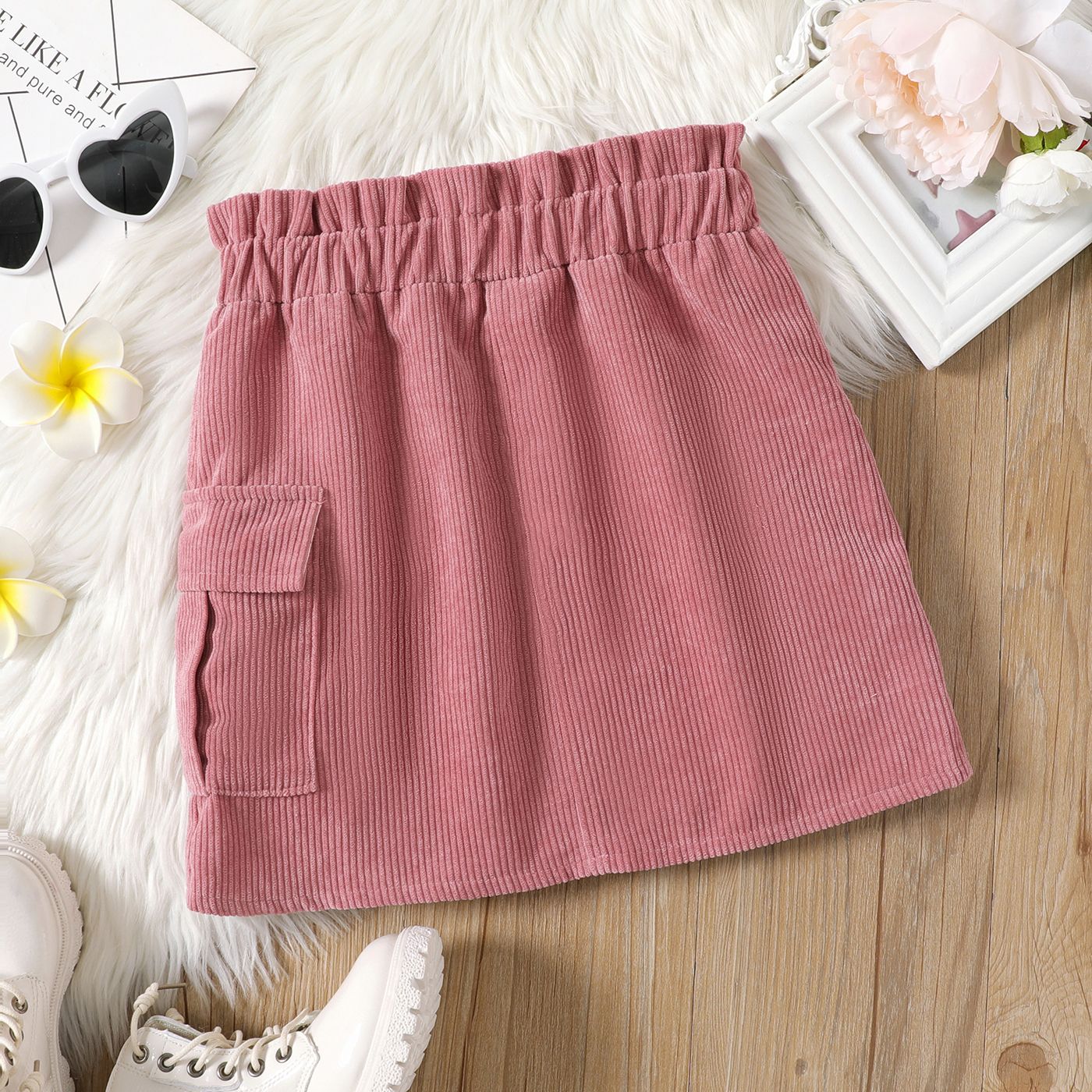 

Kid Girl Pocket Design Solid Color Paperbag Skirt
