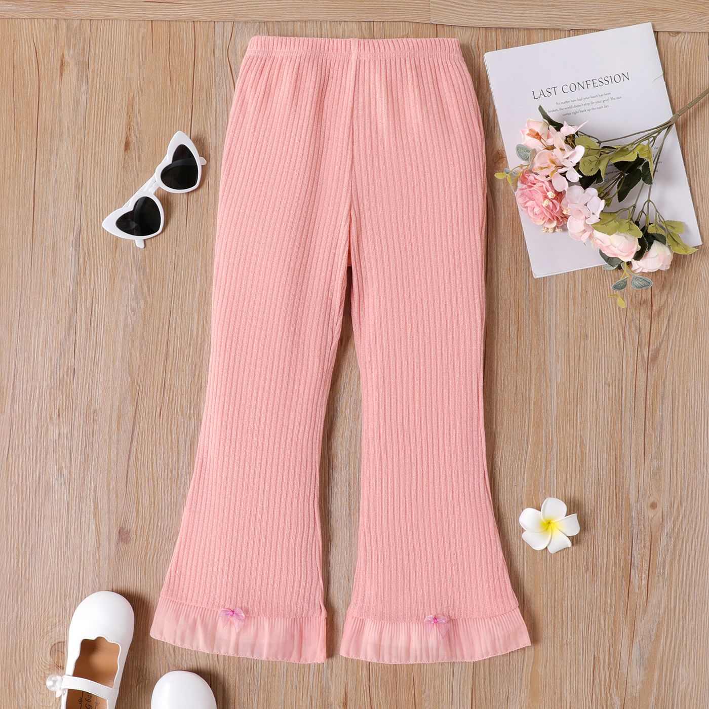 

Kid Girl Solid Color Bowknot Design Mesh Splice Flared Pants