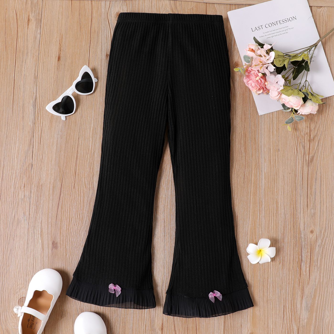 

Kid Girl Solid Color Bowknot Design Mesh Splice Flared Pants