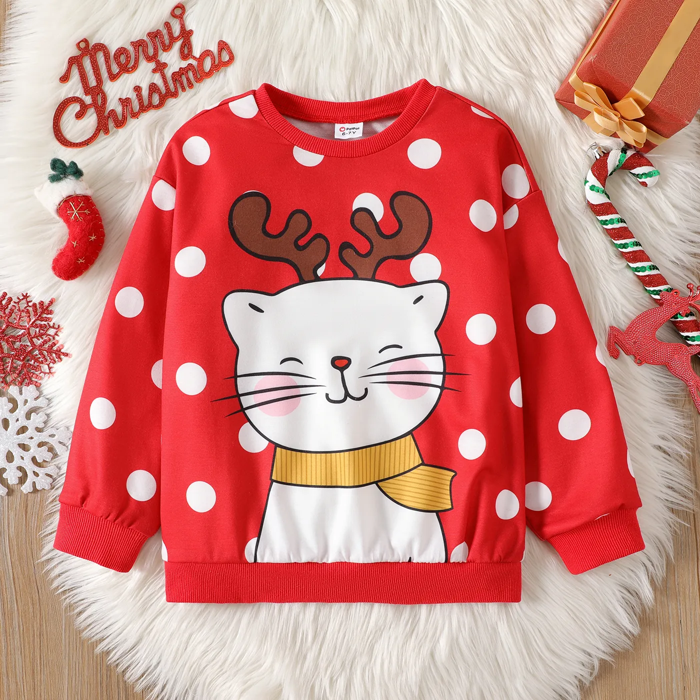 

Kid Girl Sweet Polka dots Kitty Print Red Sweatshirt