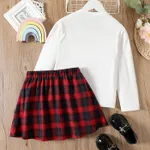 2pcs Kid Girl Letter Embroidered Long-sleeve White Tee and Red Plaid Skirt Set Red image 2