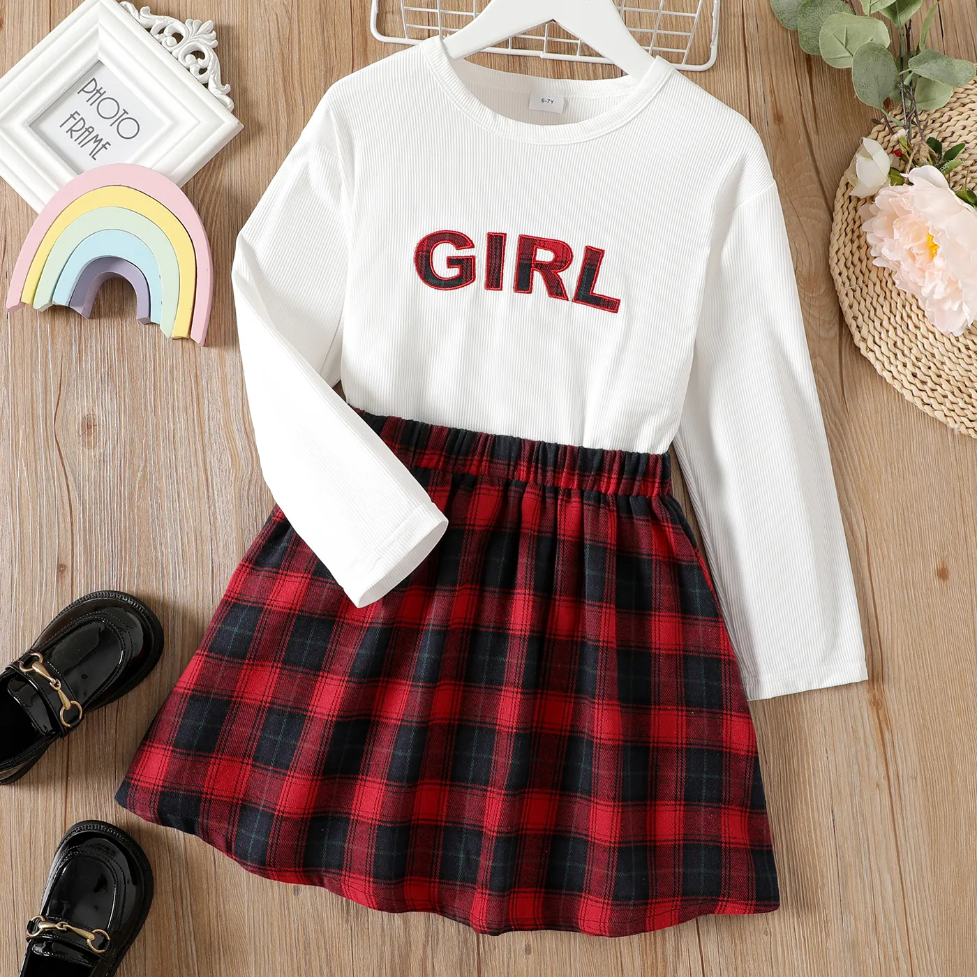 2pcs Kid Girl Letter Embroidered Long-sleeve White Tee and Red Plaid Skirt Set Red big image 1