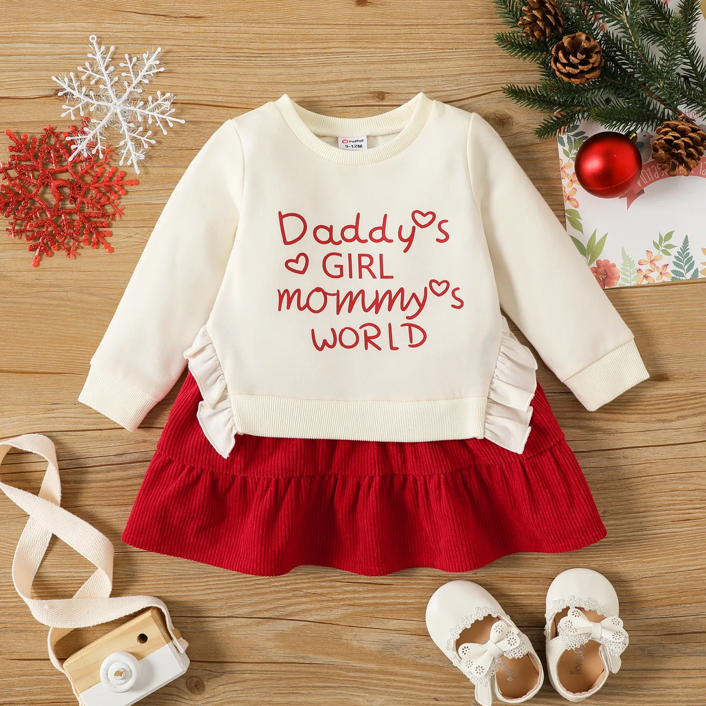 Baby Girl Letter Print Long-sleeve Faux-two Ruffle Dress Red big image 1