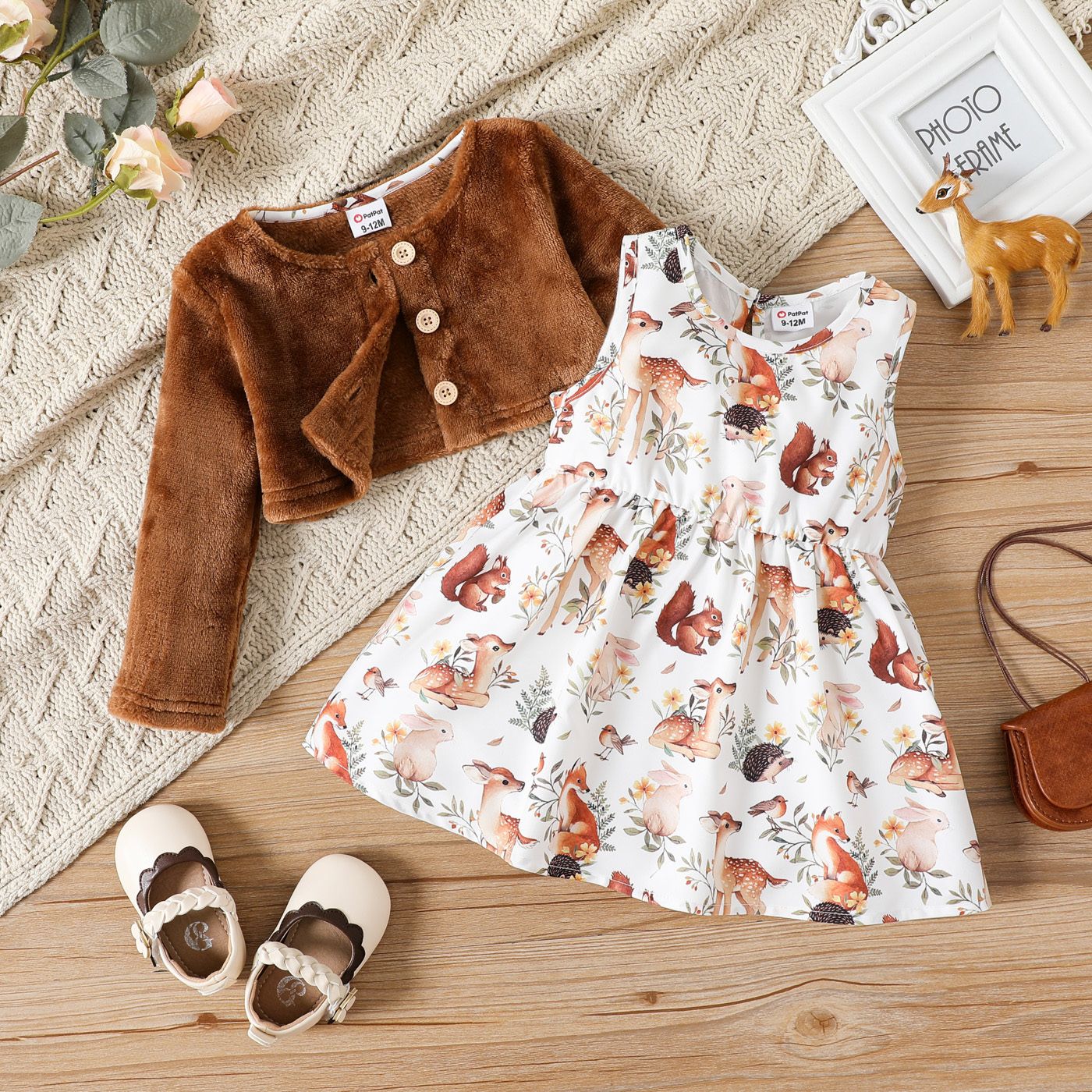 

2pcs Baby Girl Allover Animal Print Tank Dress and Long-sleeve Fuzzy Cardigan Set