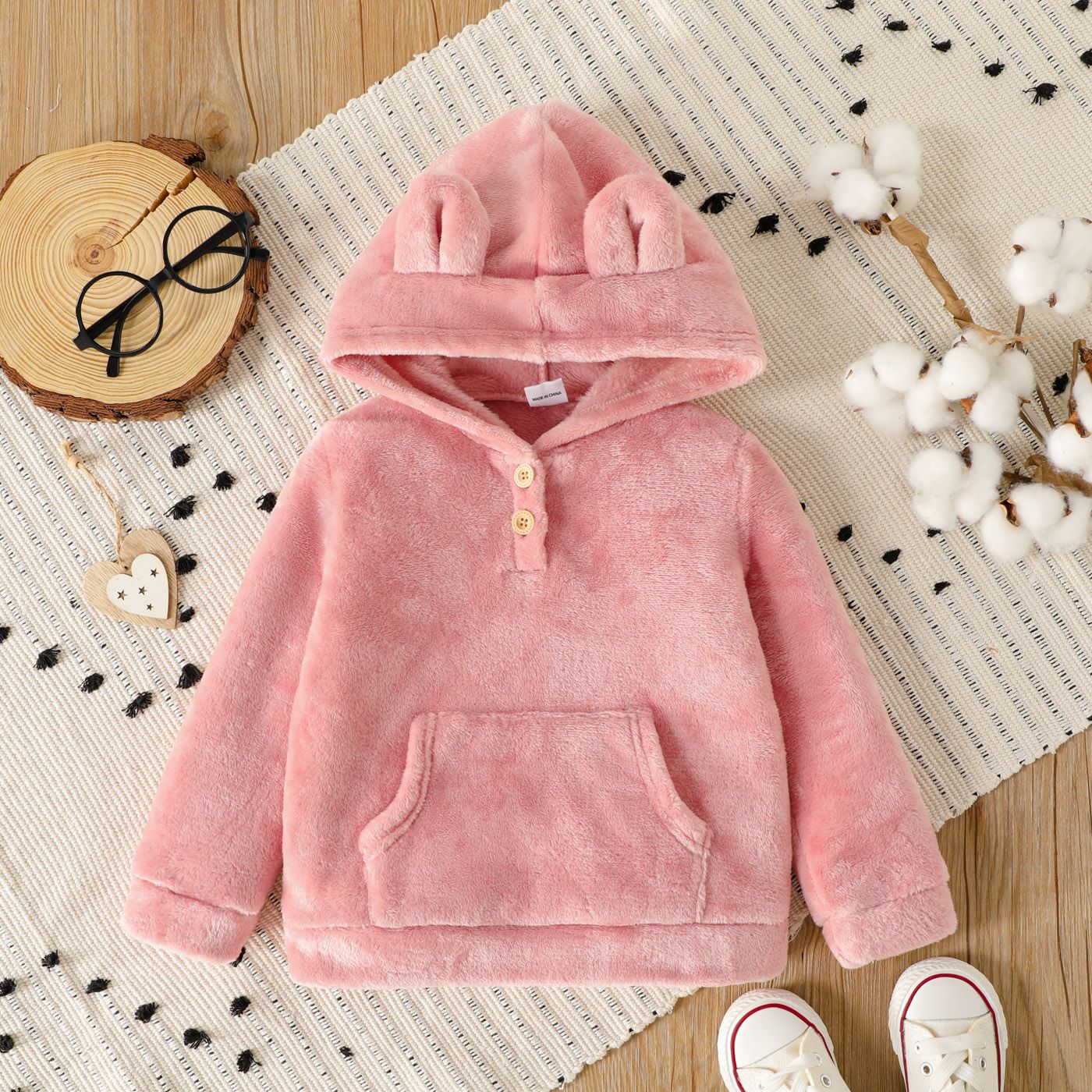 

Toddler Girl Solid Color Fuzzy Fleece Button Design Hoodie Sweatshirt