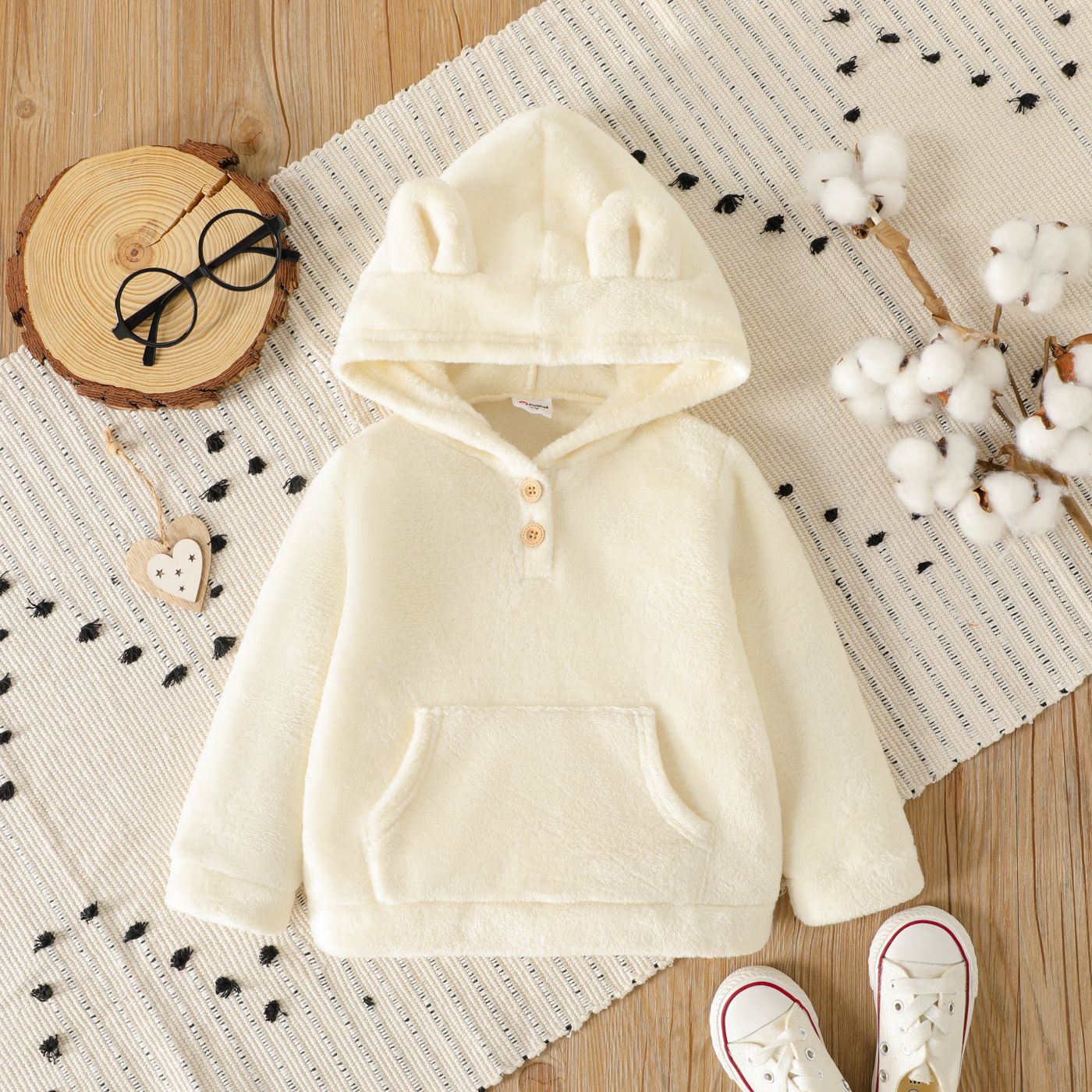 

Toddler Girl Solid Color Fuzzy Fleece Button Design Hoodie Sweatshirt