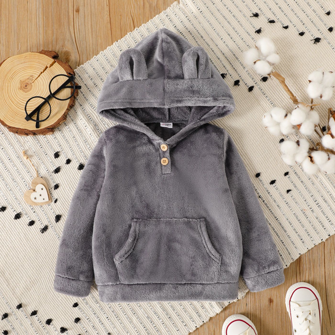

Toddler Girl Solid Color Fuzzy Fleece Button Design Hoodie Sweatshirt
