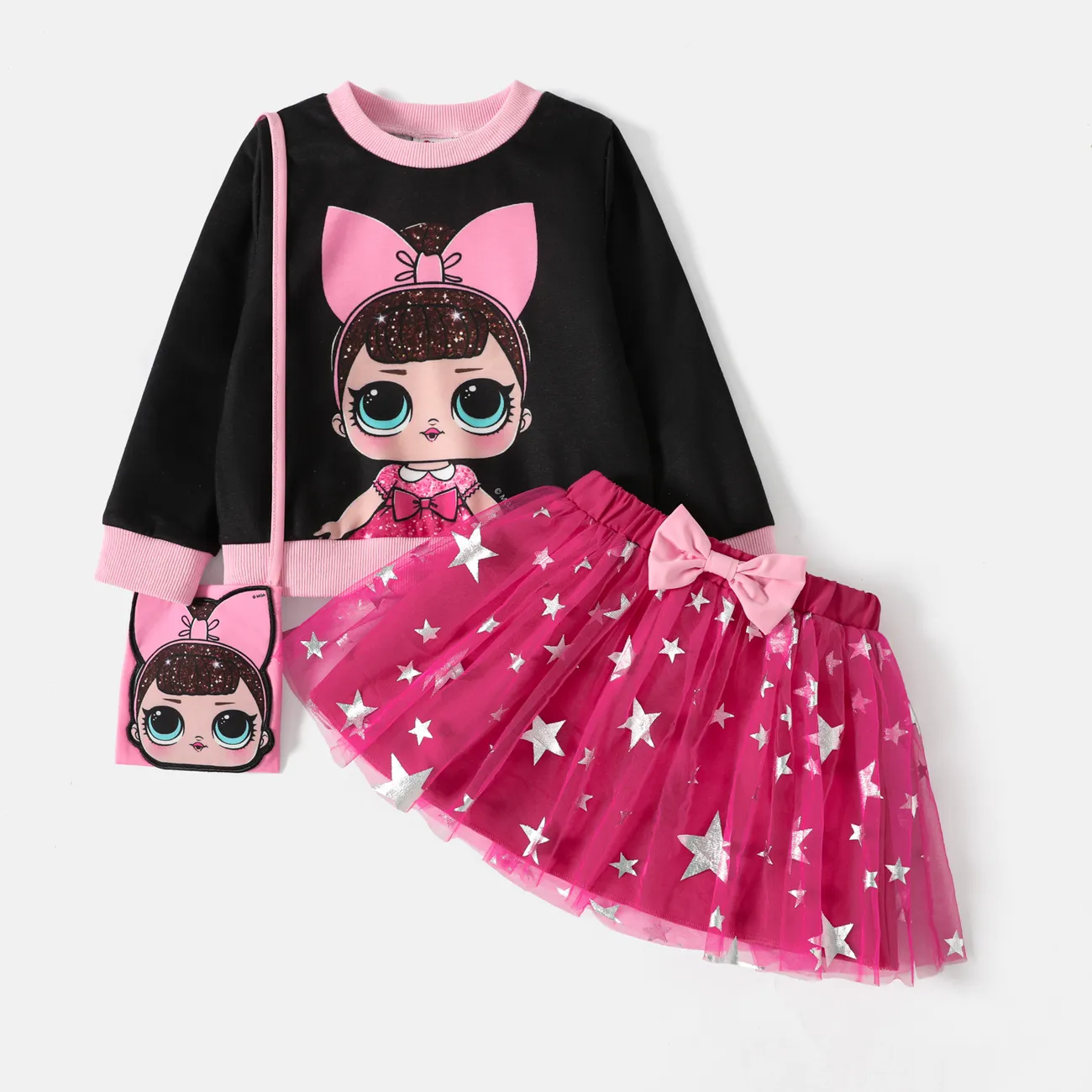 L.O.L. SURPRISE! 3pcs Toddler Girl Character Print Long-sleeve Tee and Star Glitter Design Mesh Skirt and Bag Set Black big image 1