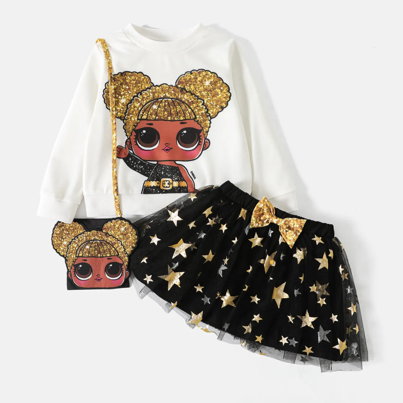 L.O.L. SURPRISE! 3pcs Toddler Girl Character Print Long-sleeve Tee and Star Glitter Design Mesh Skirt and Bag Set White big image 1