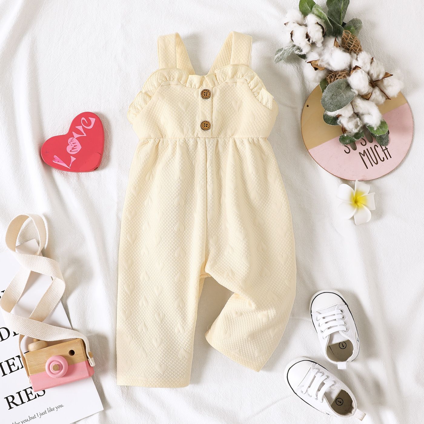 

Baby Girl Solid Textured Frill Trim Overalls