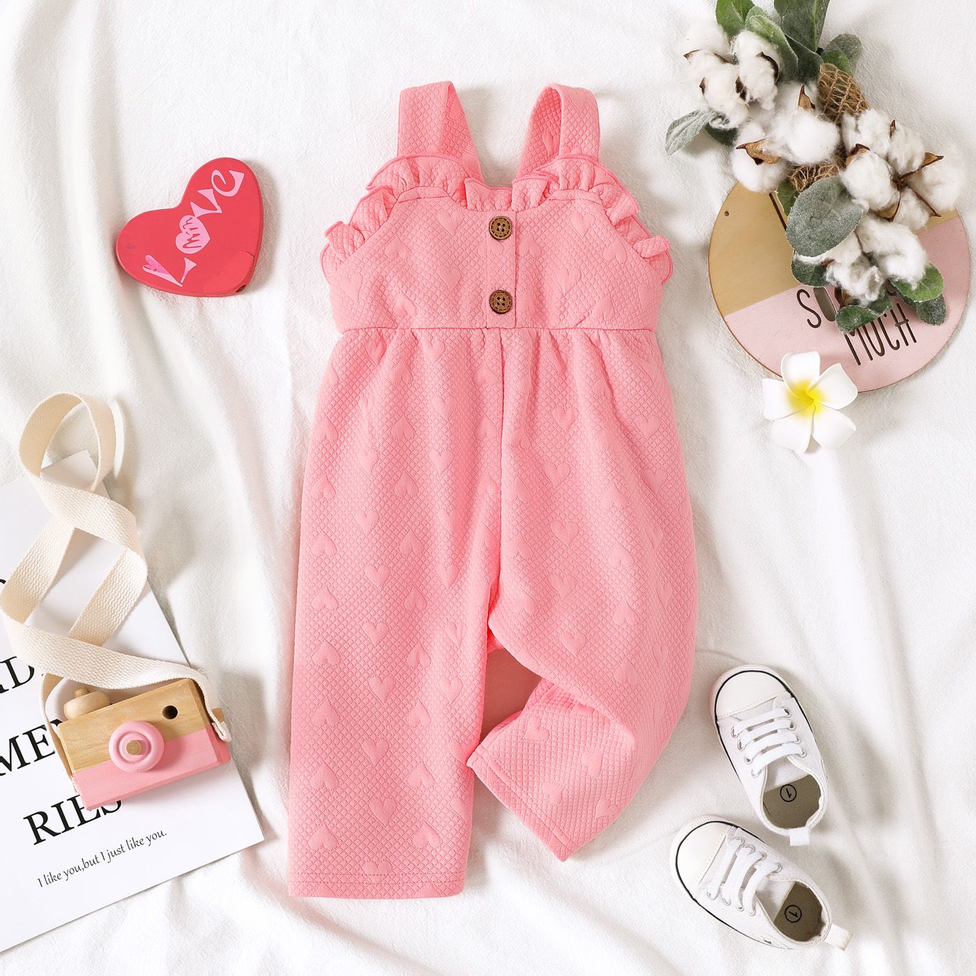 

Baby Girl Solid Textured Frill Trim Overalls