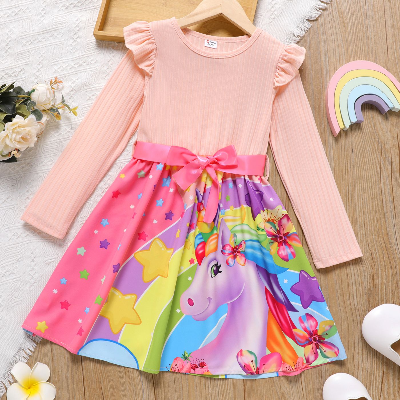 

Kid Girl Unicorn Print Splice Belted Long-sleeve Dress