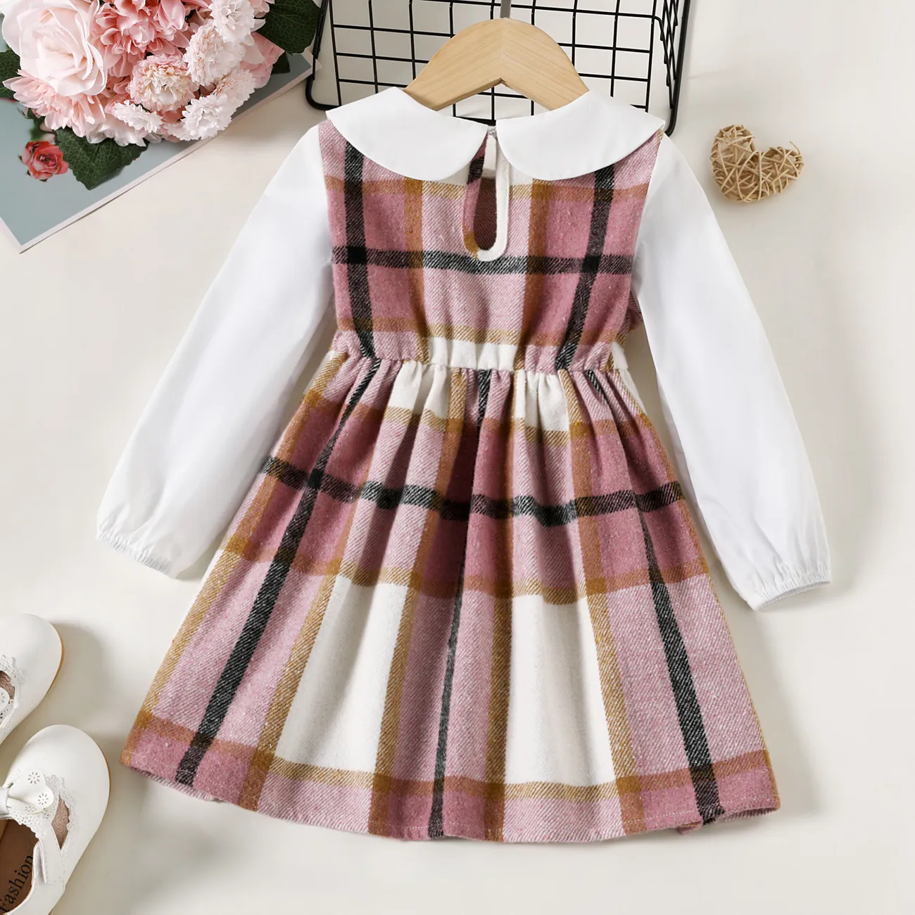Toddler Girl Doll Collar Plaid Bowknot Design Long-sleeve Dress Pink big image 1