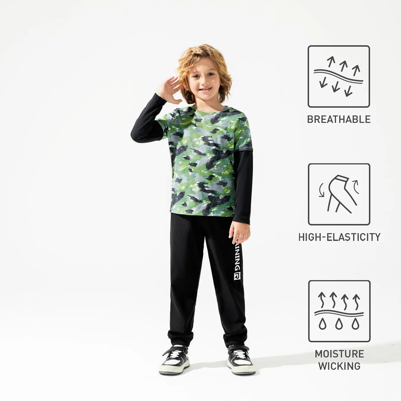 Activewear Kid Boy Camouflage Print Splice Long-sleeve Tee