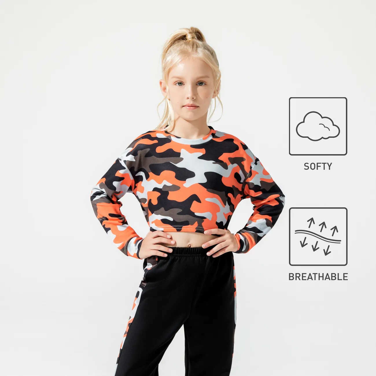 Activewear Kid Girl Camouflage Print Crop Pullover Sweatshirt ColorBlock big image 1