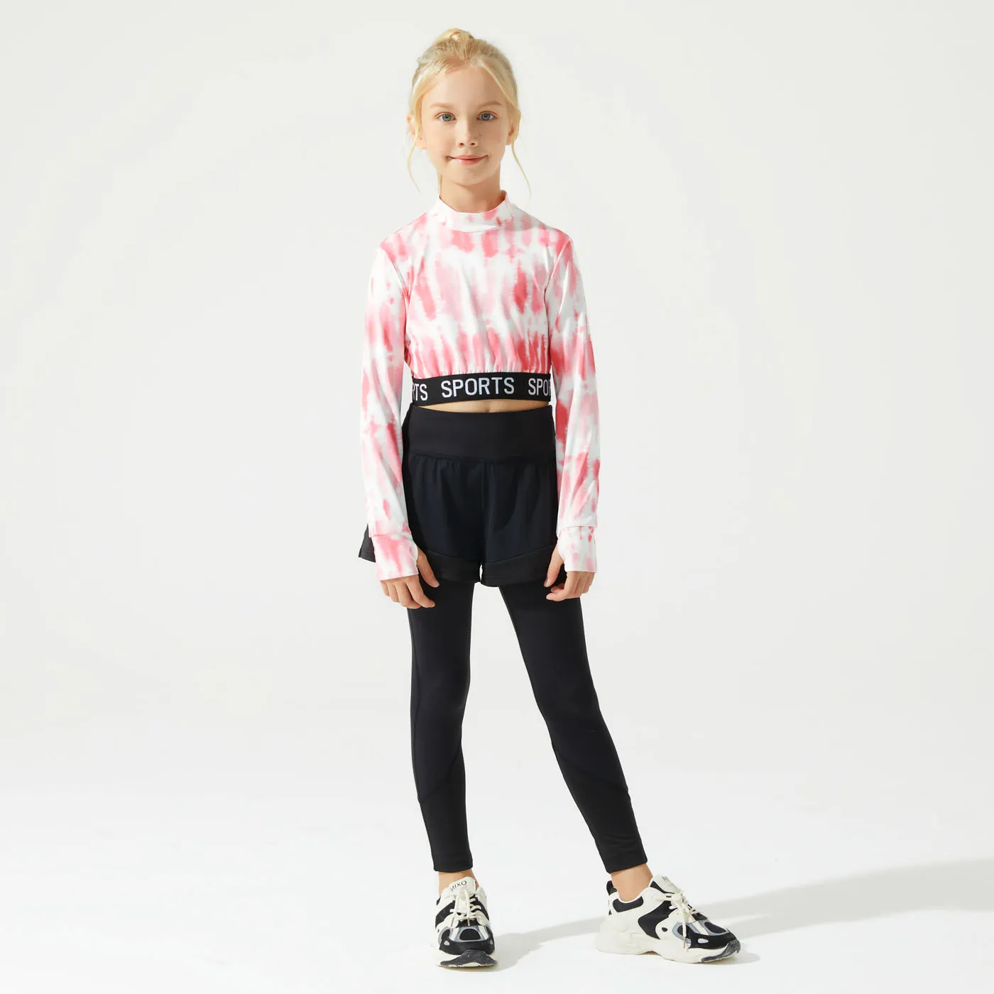 Activewear Kid Girl Letter Print Tie Dyed Mock Neck Long-sleeve Fitted Tee  image 2