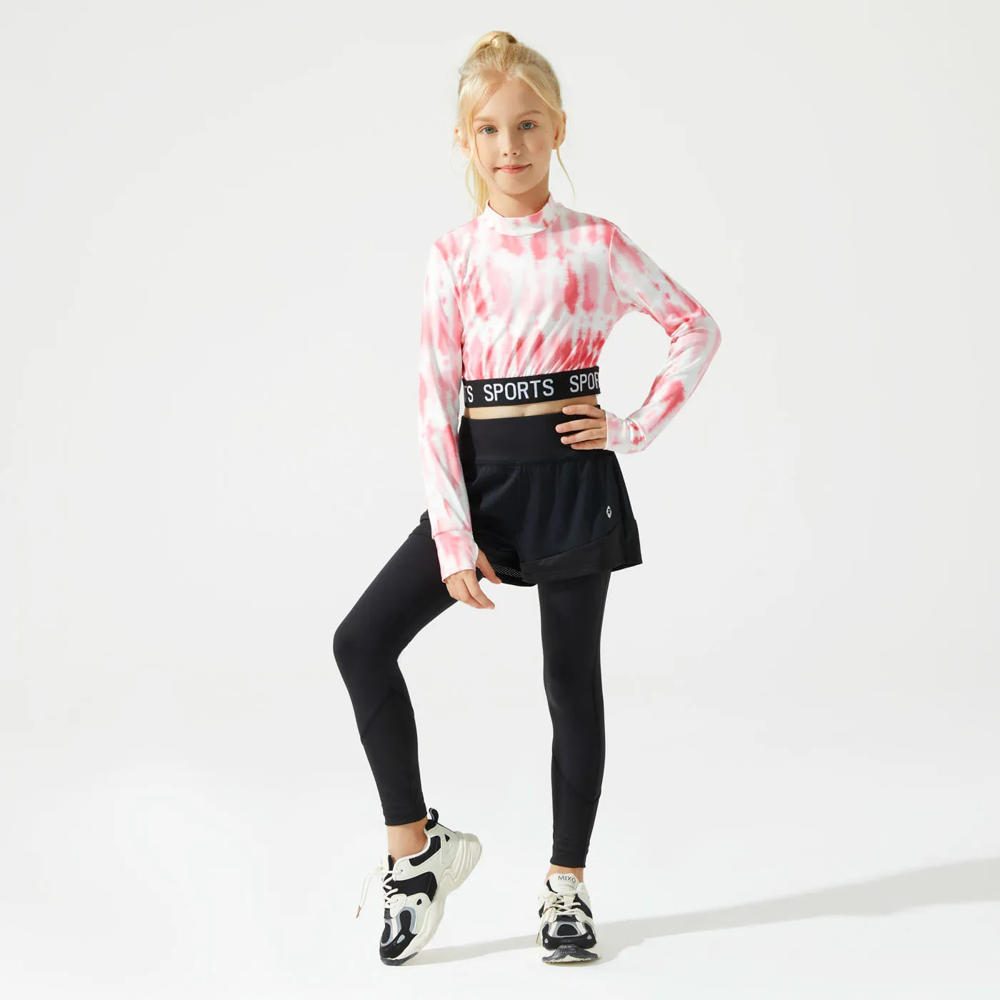 Activewear Kid Girl Letter Print Tie Dyed Mock Neck Long-sleeve Fitted Tee  image 3