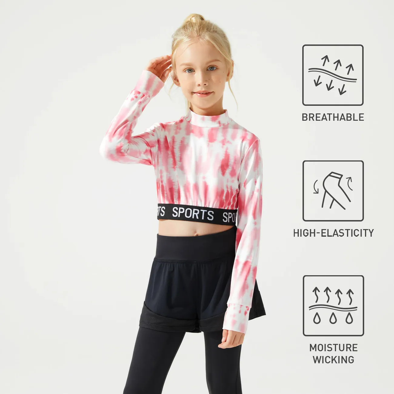 Activewear Kid Girl Letter Print Tie Dyed Mock Neck Long-sleeve Fitted Tee  big image 1