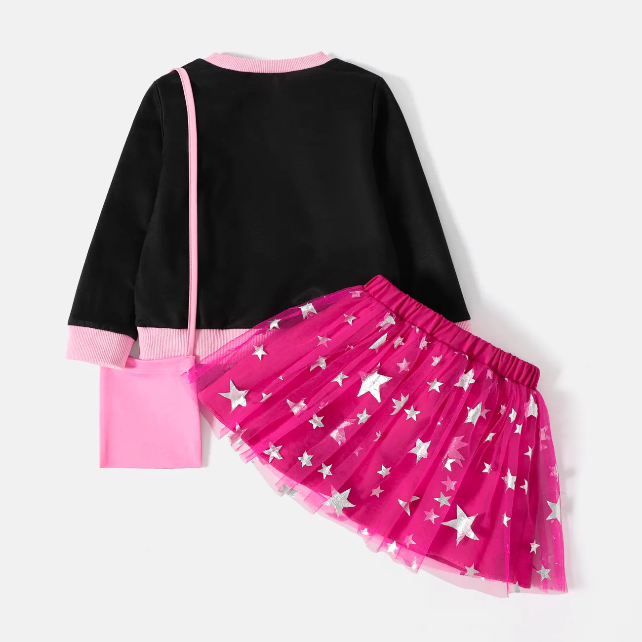 L.O.L. SURPRISE! 3pcs Toddler Girl Character Print Long-sleeve Tee and Star Glitter Design Mesh Skirt and Bag Set Black big image 1