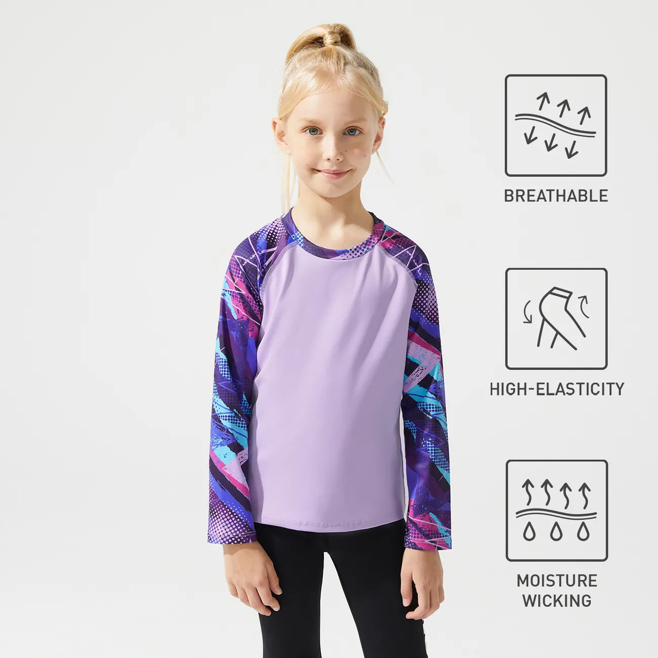 Activewear Kid Girl Tie Dyed Breathable Long Raglan Sleeve Tee ColorBlock big image 1