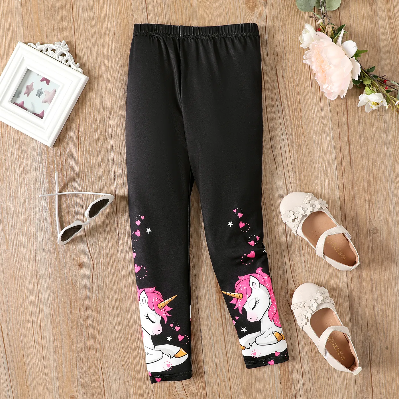 

Kid Girl Unicorn Print Black Elasticized Leggings