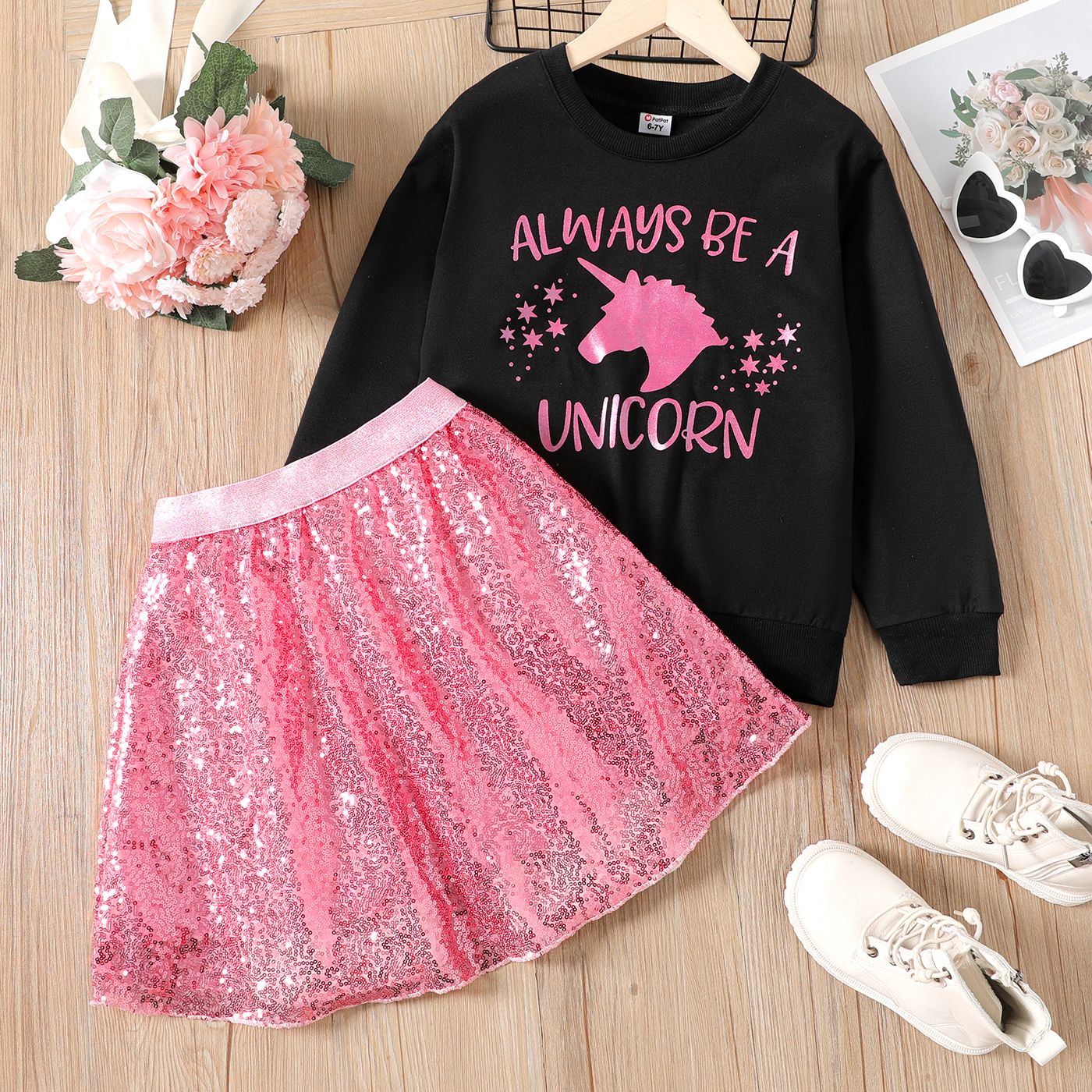 2pcs Kid Girl Unicorn Letter Print Sweatshirt And Sequined Pink Skirt Set