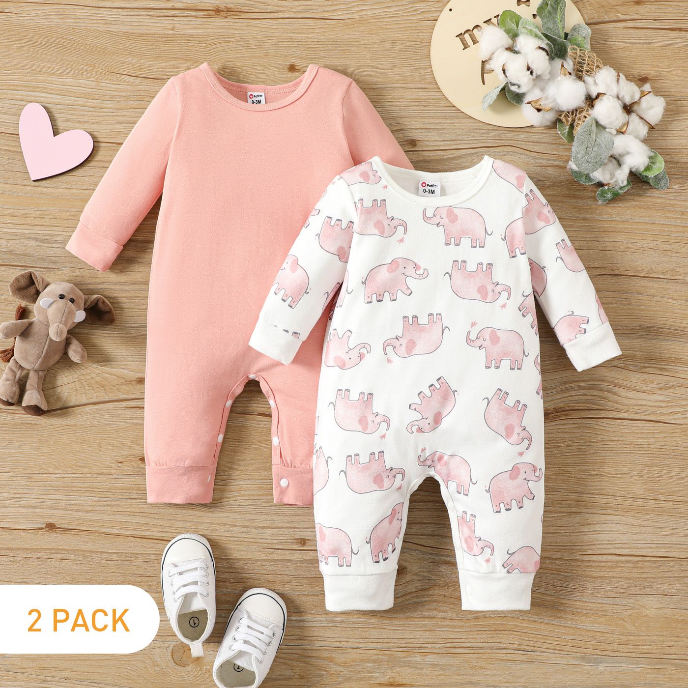 2-Pack Baby Boy/Girl Allover Elephant Print And Solid Long-sleeve Jumpsuits Set