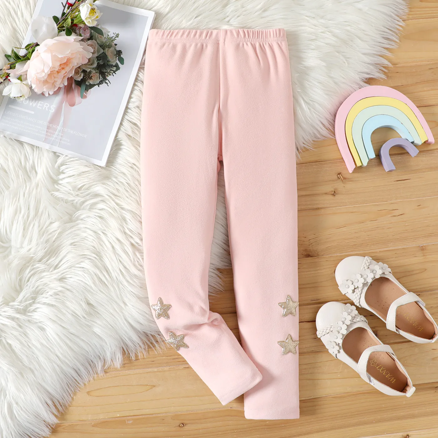 Kid Girl Glitter Stars Embroidered Elasticized Leggings Pink