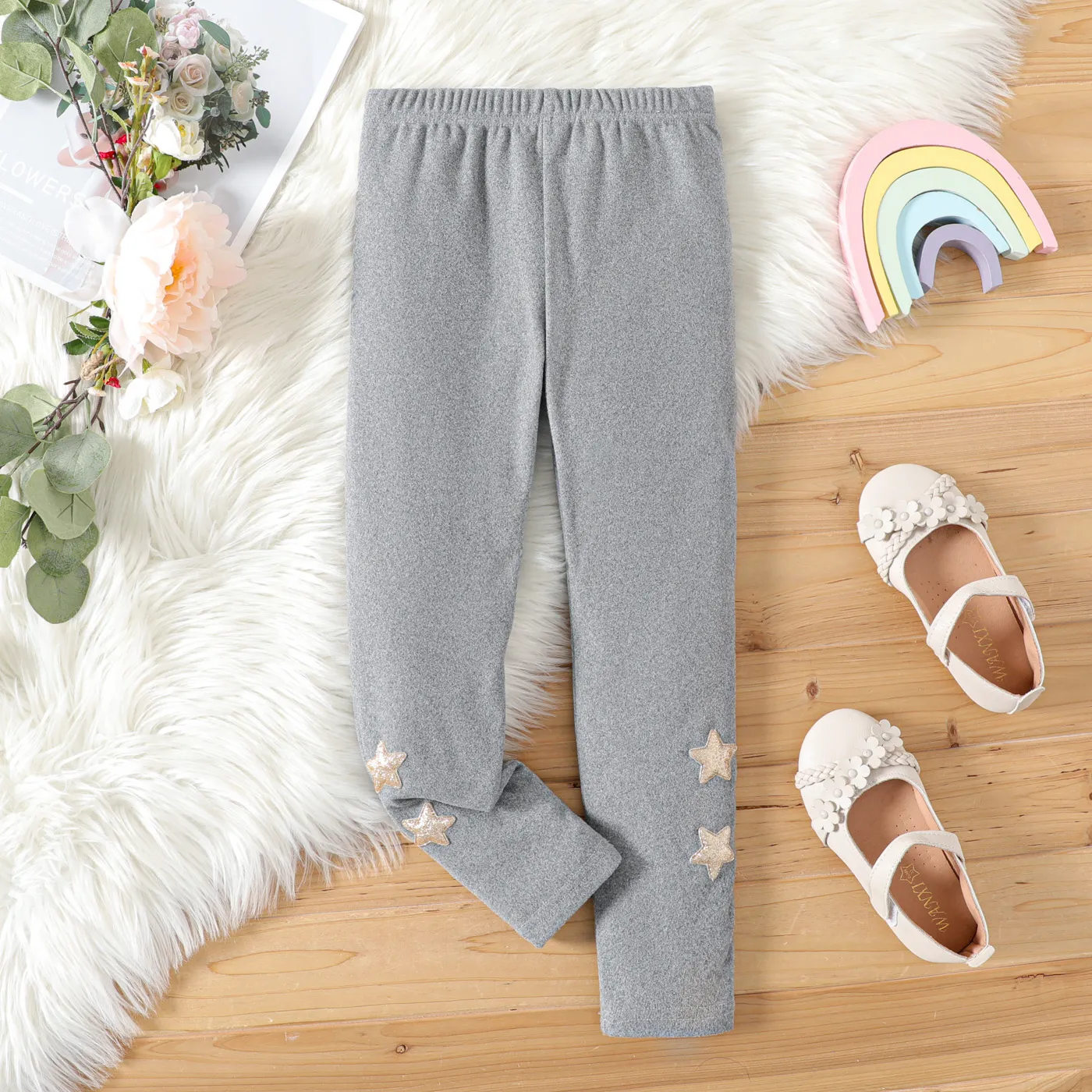 Kid Girl Glitter Stars Embroidered Elasticized Leggings Grey