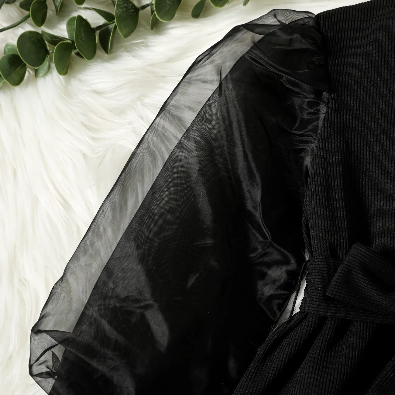 Toddler Girl Mock Neck Mesh Design Puff-sleeve Belted Black Dress Black big image 1