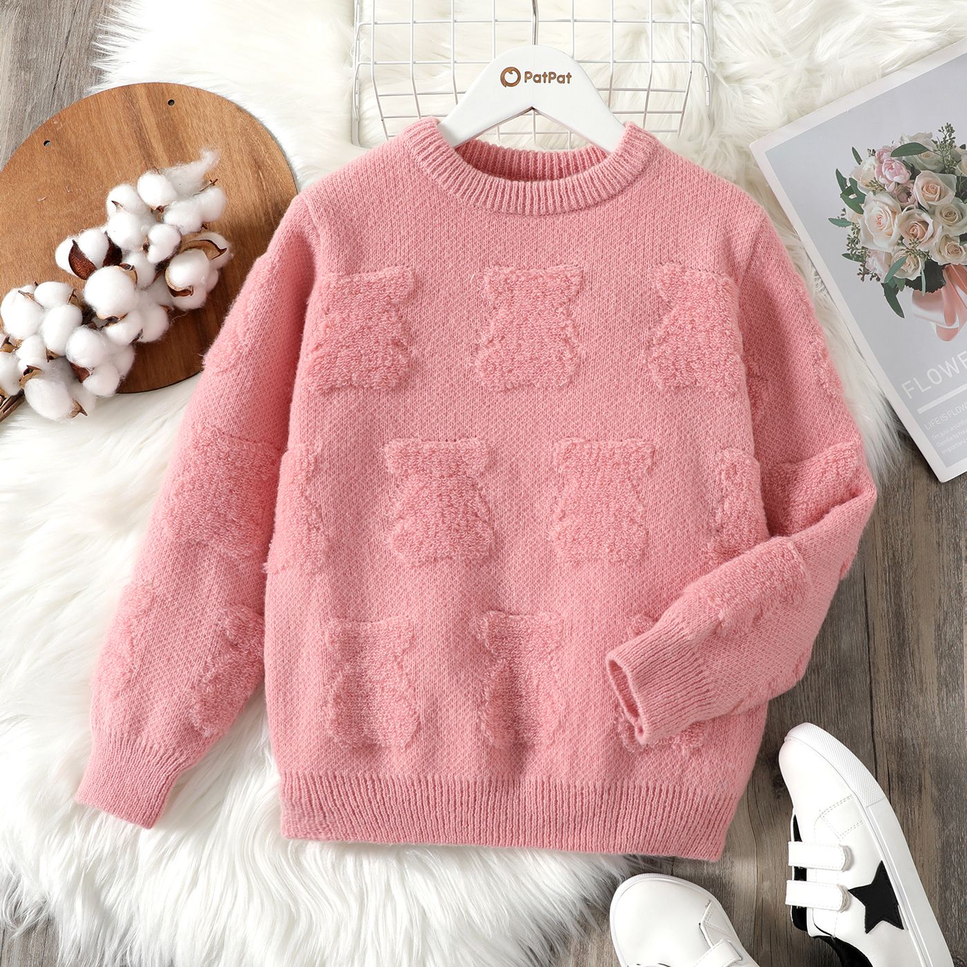 

Kid Boy/Kid Girl Bear Textured Solid Color Sweater