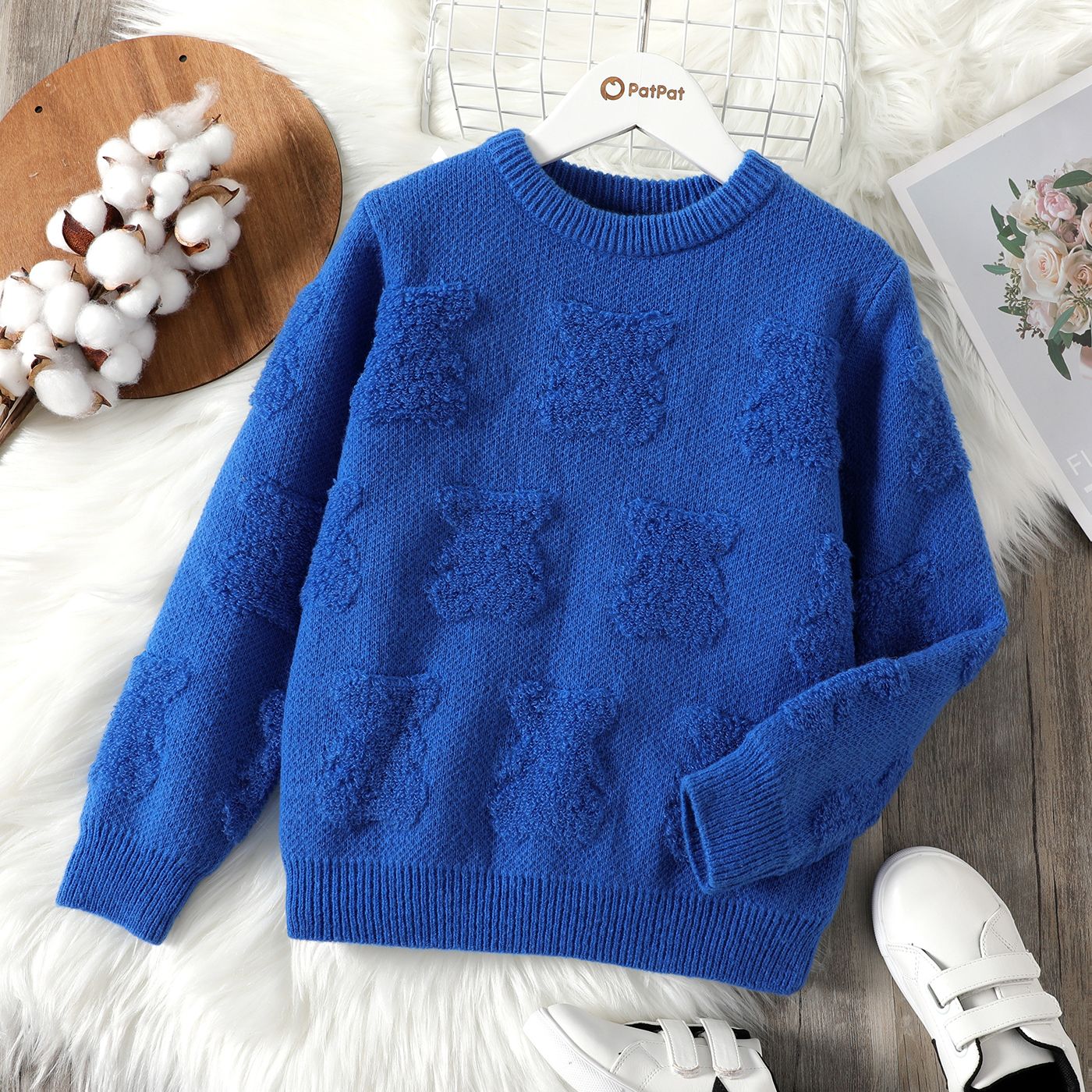 

Kid Boy/Kid Girl Bear Textured Solid Color Sweater