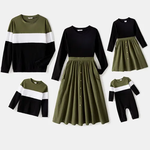 Family Matching Long-sleeve Button Front Solid Spliced Dresses and Colorblock Rib Knit Tops Sets
