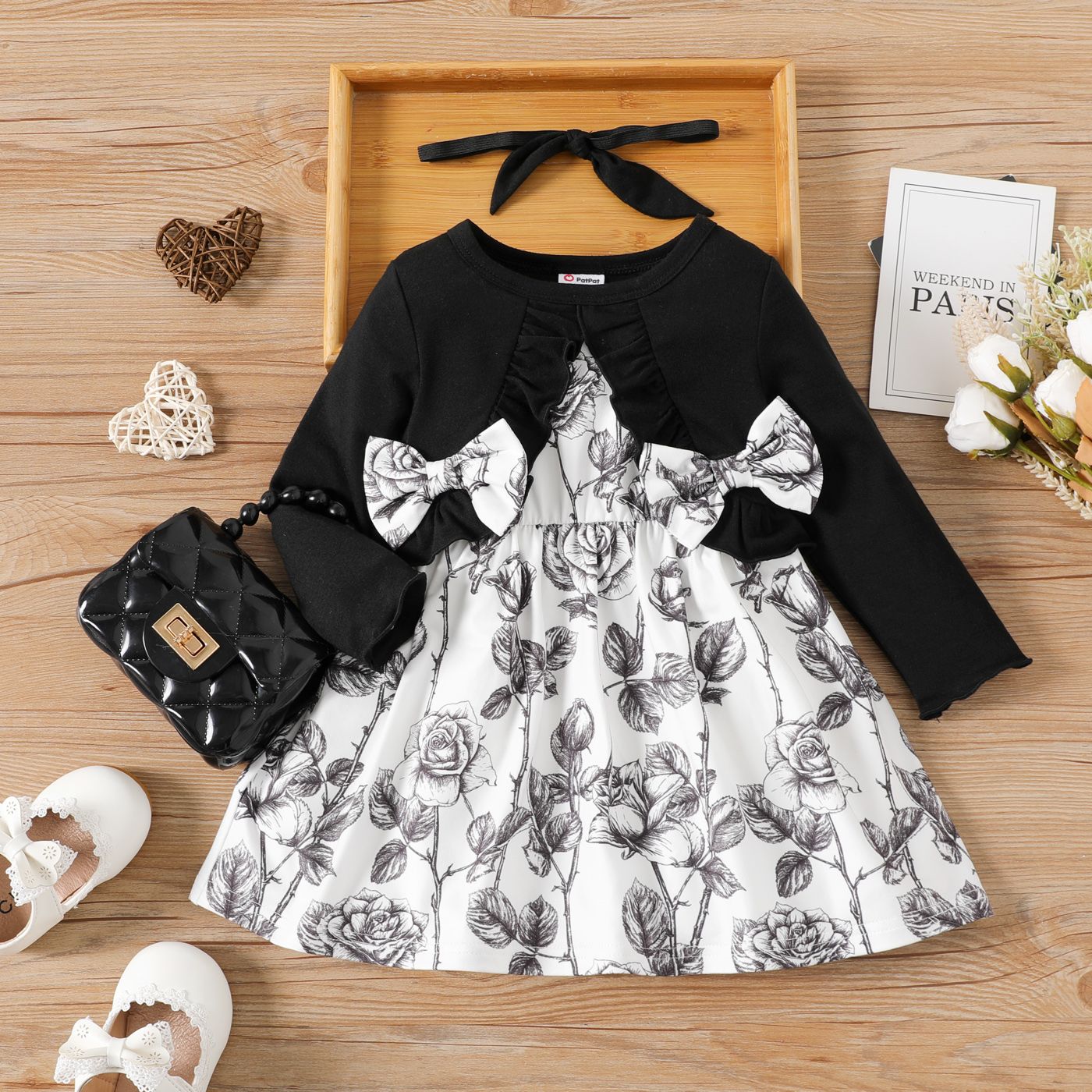 

2pcs Baby Girl Solid Ruffle Trim Spliced Floral Print Bow Front Long-sleeve Dress with Headband Set