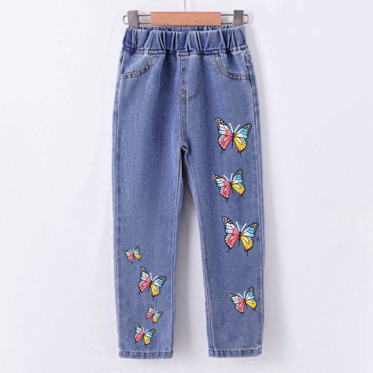 

Kid Girl Butterfly Print Elasticized Denim Jeans
