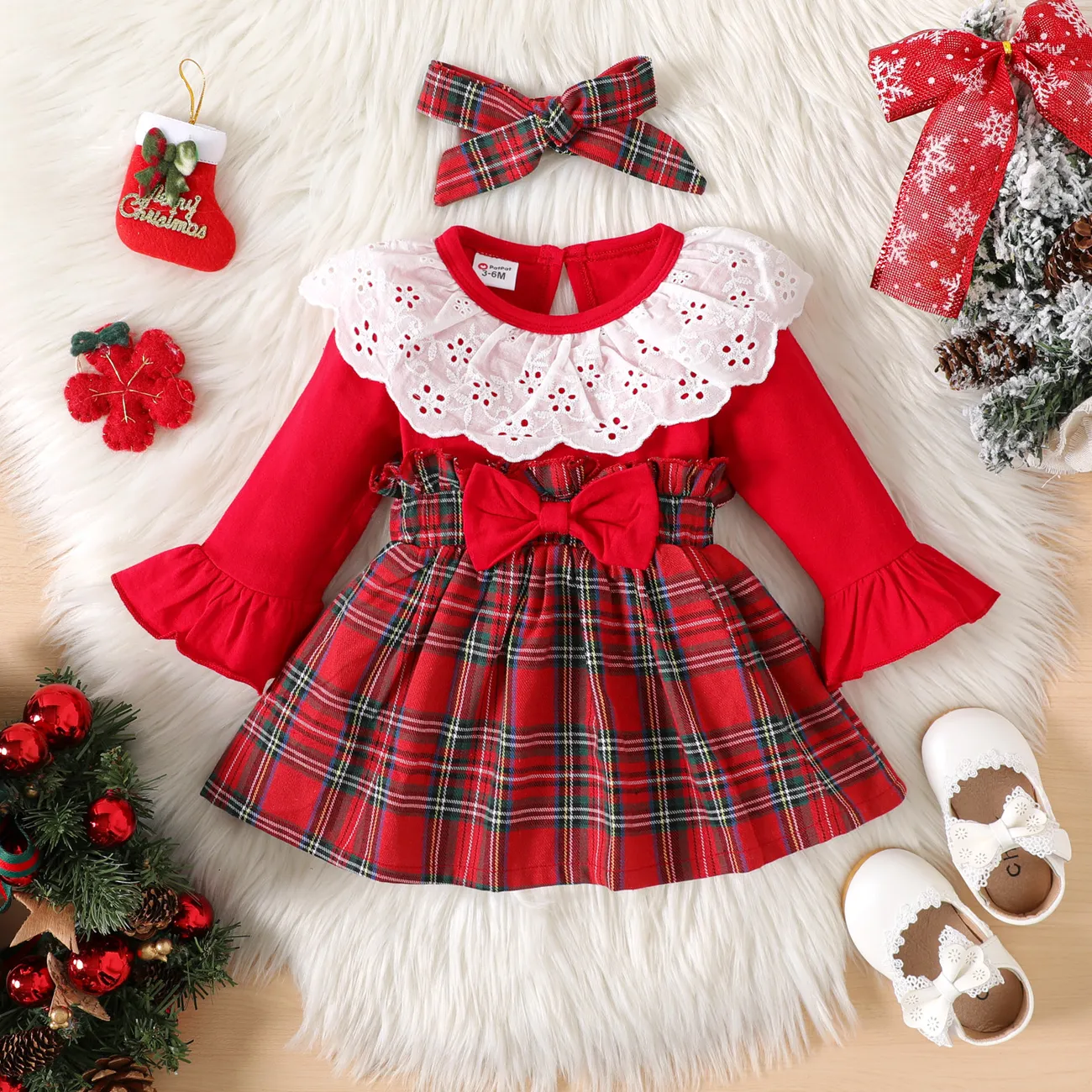 2pcs Baby Girl 95% Cotton Long-sleeve Spliced Plaid Bow Front Ruffle Collar Dress with Headband Set Red big image 1
