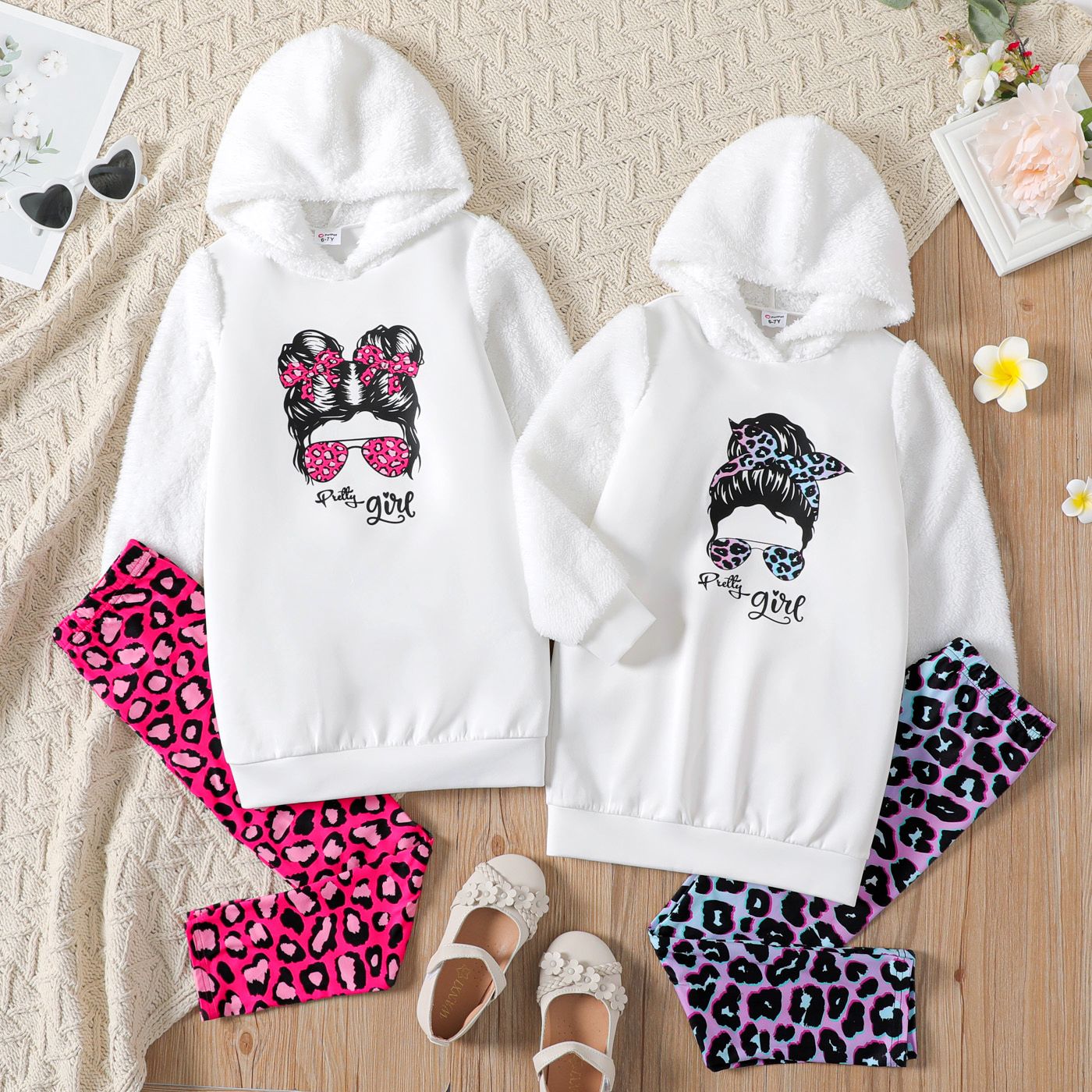 2pcs Kid Girl Character Print Fleece Splice Goodie Sweatshirt And Leopard Print Leggings Set